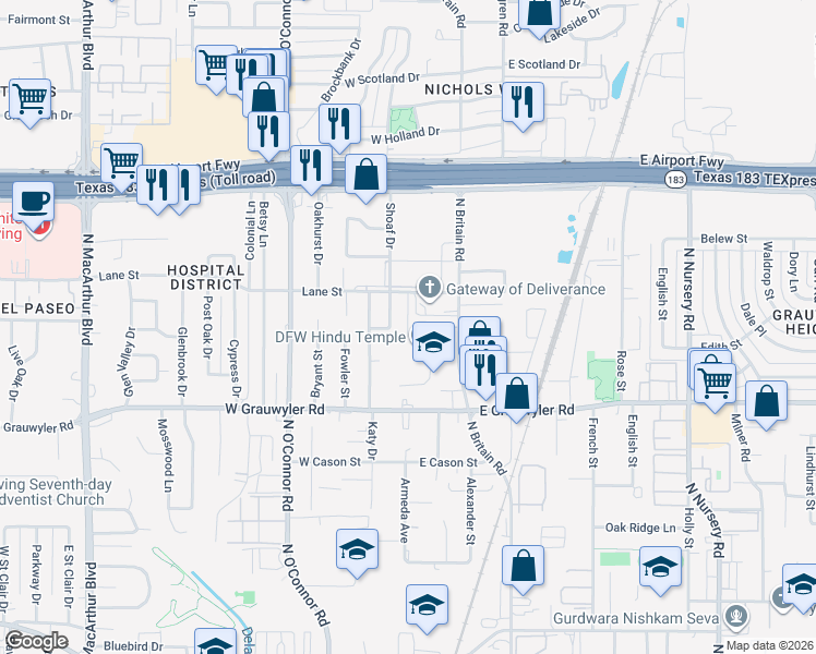 map of restaurants, bars, coffee shops, grocery stores, and more near 1703 Trotter Street in Irving