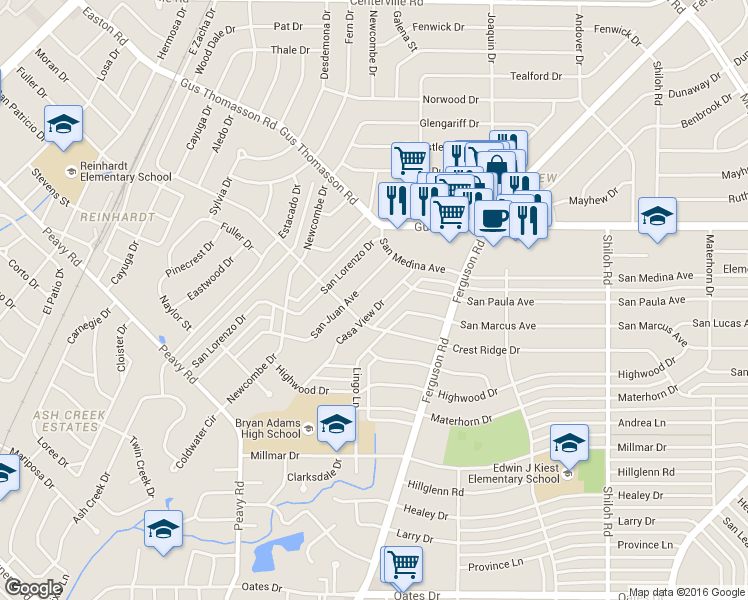 map of restaurants, bars, coffee shops, grocery stores, and more near 10223 Casa View Drive in Dallas