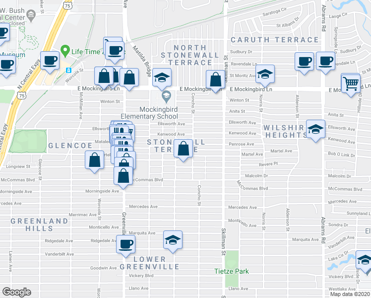 map of restaurants, bars, coffee shops, grocery stores, and more near 5918 Penrose Avenue in Dallas