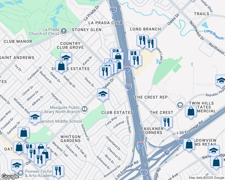 map of restaurants, bars, coffee shops, grocery stores, and more near 4612 Preston Trail Drive in Mesquite