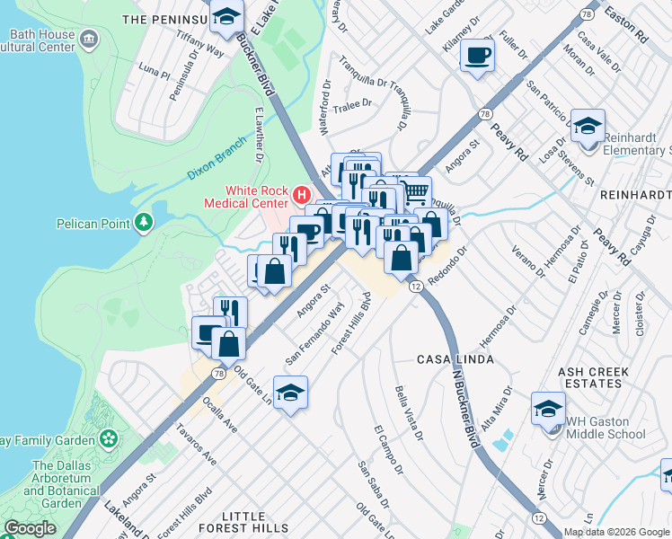 map of restaurants, bars, coffee shops, grocery stores, and more near 9363 Angora Street in Dallas