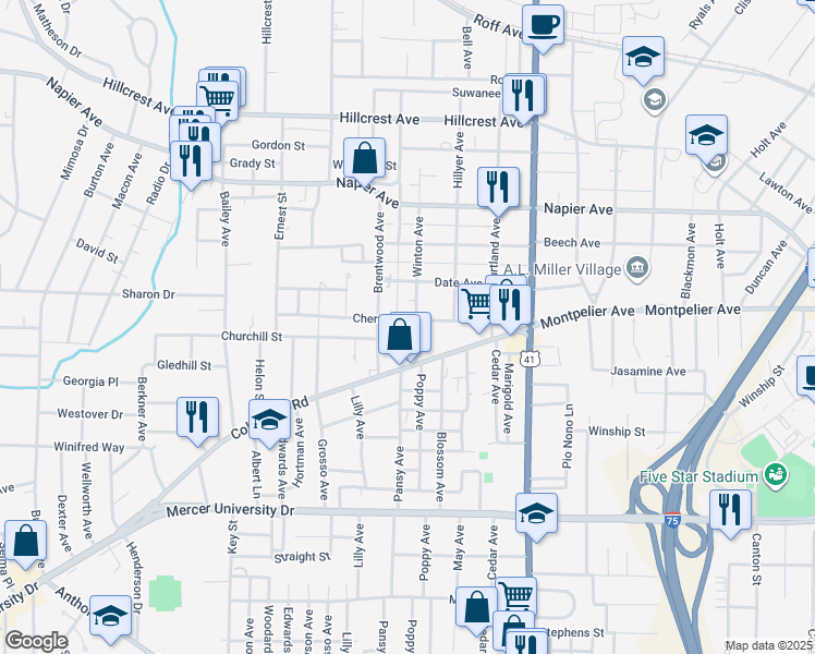 map of restaurants, bars, coffee shops, grocery stores, and more near 2748 Cherry Avenue in Macon