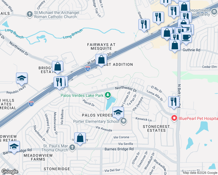 map of restaurants, bars, coffee shops, grocery stores, and more near 701 Via Del Mar in Mesquite