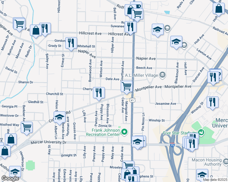 map of restaurants, bars, coffee shops, grocery stores, and more near 2682 Cherry Avenue in Macon