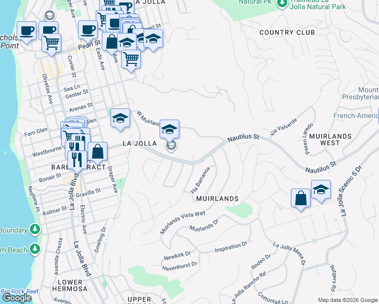 map of restaurants, bars, coffee shops, grocery stores, and more near 6726 Avenida Manana in La Jolla