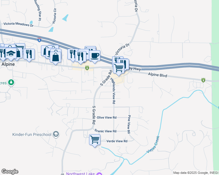 map of restaurants, bars, coffee shops, grocery stores, and more near 2969 River Dance Way in Alpine