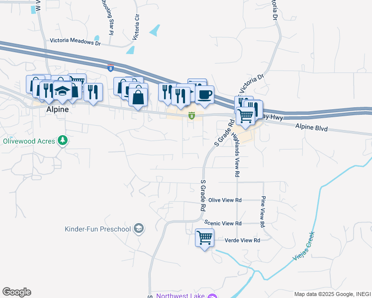 map of restaurants, bars, coffee shops, grocery stores, and more near 1491 Louise Drive in Alpine