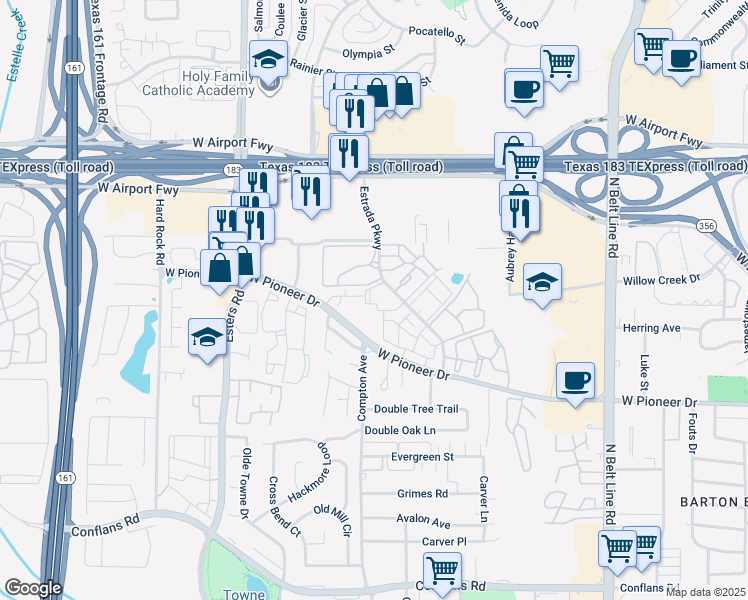 map of restaurants, bars, coffee shops, grocery stores, and more near 2009 Estrada Parkway in Irving