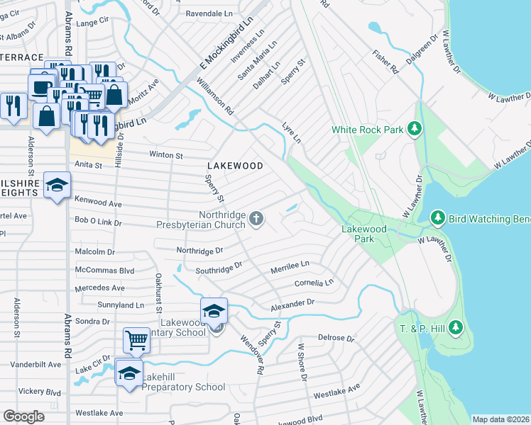 map of restaurants, bars, coffee shops, grocery stores, and more near 6946 Bob O Link Drive in Dallas