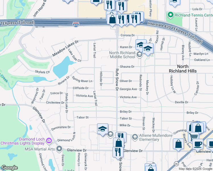 map of restaurants, bars, coffee shops, grocery stores, and more near 6621 Pleasant Ridge Drive in North Richland Hills