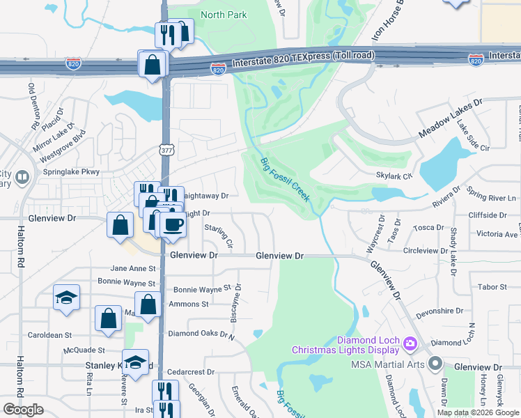 map of restaurants, bars, coffee shops, grocery stores, and more near 5825 Starlight Drive in Fort Worth