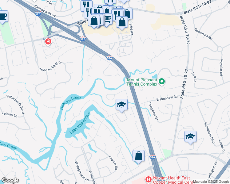 map of restaurants, bars, coffee shops, grocery stores, and more near 677 Oak Marsh Drive in Mount Pleasant
