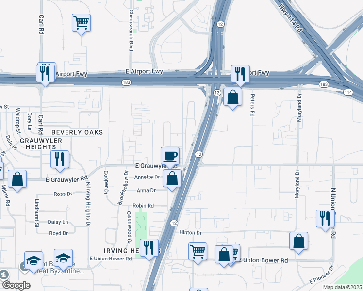 map of restaurants, bars, coffee shops, grocery stores, and more near 1685 Tucasa Drive in Irving