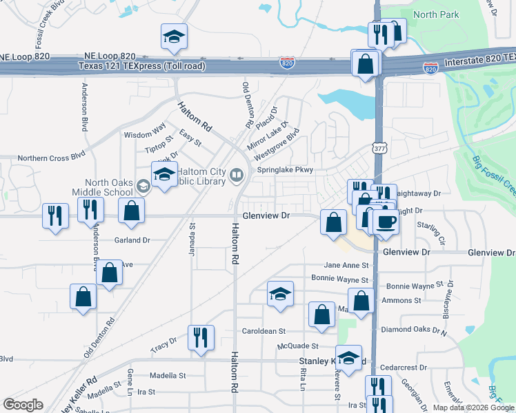 map of restaurants, bars, coffee shops, grocery stores, and more near 5136-5318 Glenview Drive in Haltom City