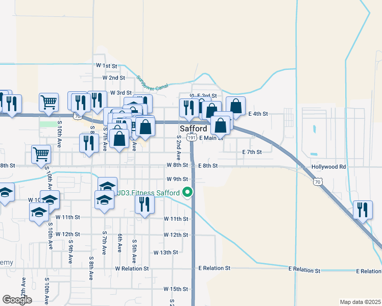 map of restaurants, bars, coffee shops, grocery stores, and more near 119 W 7th St in Safford