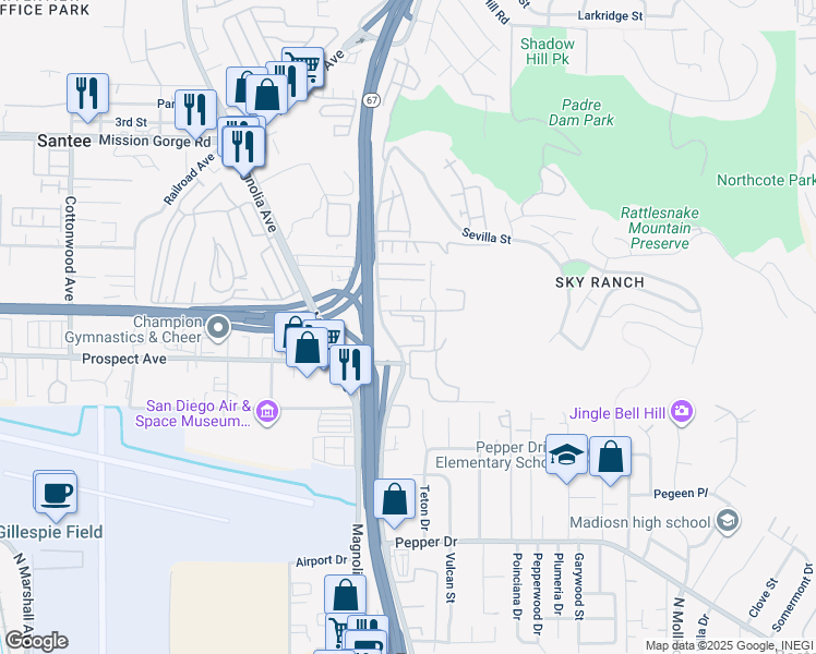 map of restaurants, bars, coffee shops, grocery stores, and more near 8655 Graves Avenue in Santee