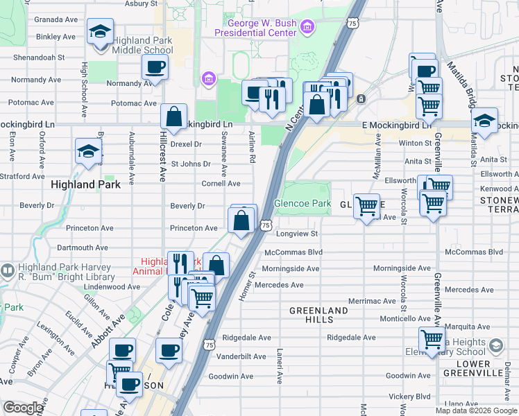 map of restaurants, bars, coffee shops, grocery stores, and more near 5401 North Central Expressway in Dallas