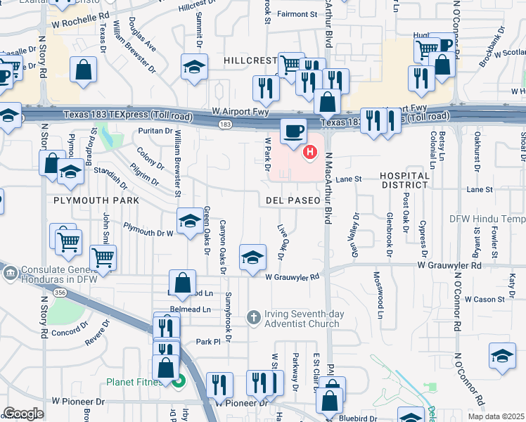 map of restaurants, bars, coffee shops, grocery stores, and more near 1718 Cripple Creek Drive in Irving