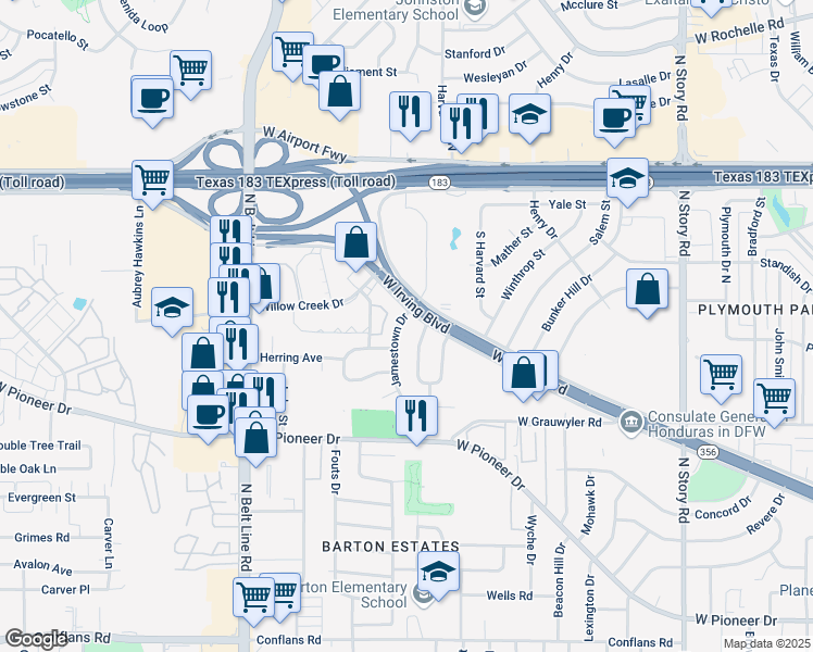 map of restaurants, bars, coffee shops, grocery stores, and more near 1651 Mount Vernon Drive in Irving