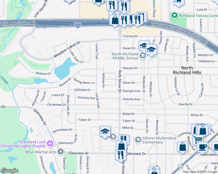 map of restaurants, bars, coffee shops, grocery stores, and more near 6621 Pleasant Ridge Drive in North Richland Hills