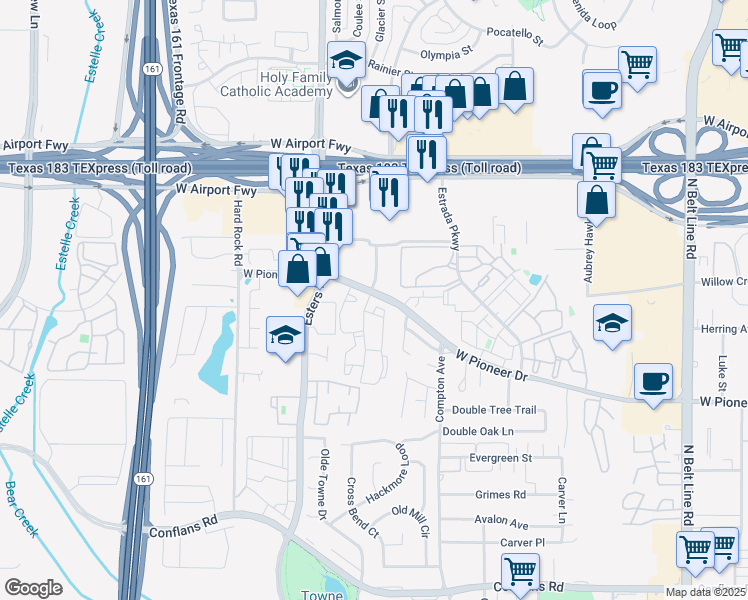 map of restaurants, bars, coffee shops, grocery stores, and more near 4208 West Pioneer Drive in Irving