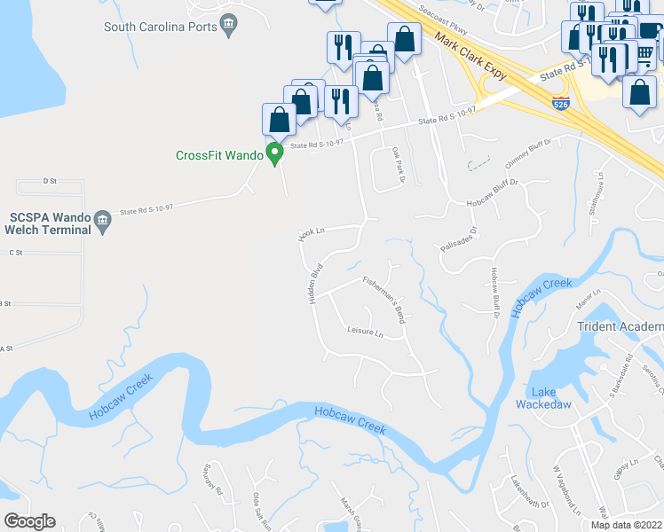 map of restaurants, bars, coffee shops, grocery stores, and more near 550 Hidden Boulevard in Mount Pleasant