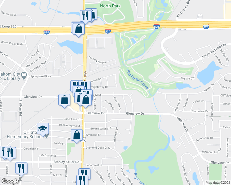 map of restaurants, bars, coffee shops, grocery stores, and more near 5801 Starlight Drive in Fort Worth