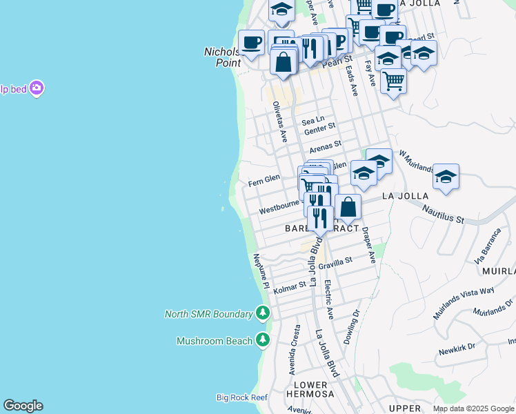 map of restaurants, bars, coffee shops, grocery stores, and more near 7010 Vista Del Mar Avenue in San Diego