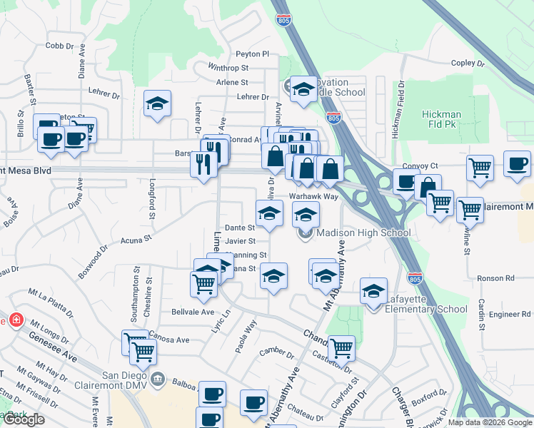 map of restaurants, bars, coffee shops, grocery stores, and more near 4808 Doliva Drive in San Diego