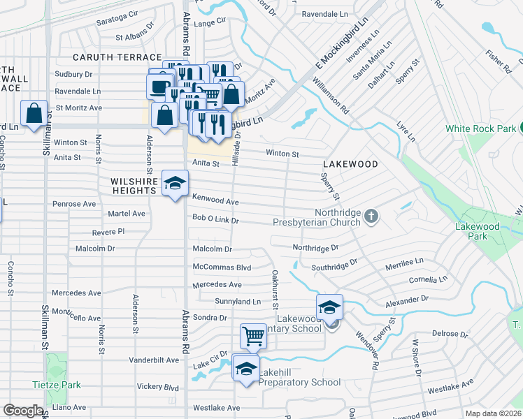 map of restaurants, bars, coffee shops, grocery stores, and more near 6542 Kenwood Avenue in Dallas
