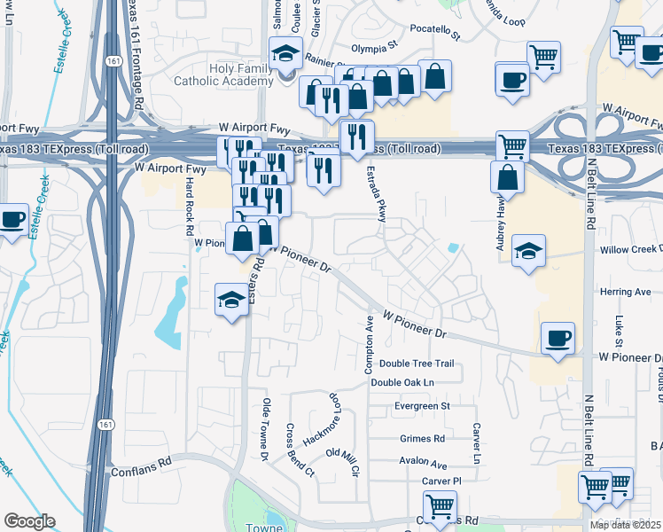 map of restaurants, bars, coffee shops, grocery stores, and more near 4159 West Pioneer Drive in Irving