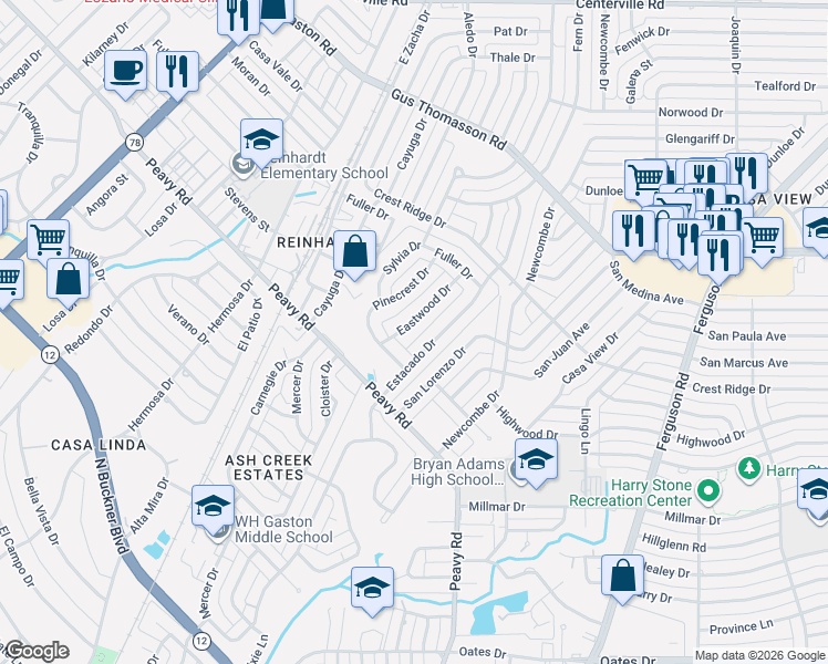 map of restaurants, bars, coffee shops, grocery stores, and more near 10126 Eastwood Drive in Dallas