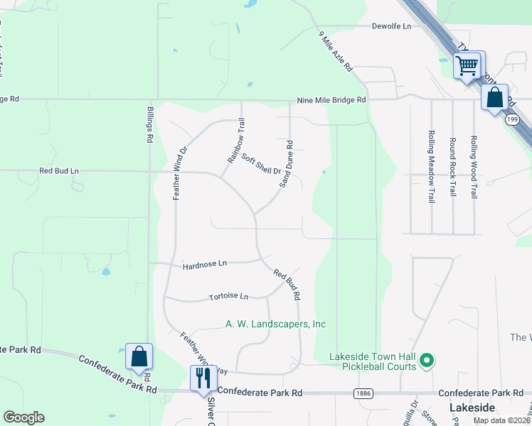 map of restaurants, bars, coffee shops, grocery stores, and more near 6100 Sand Dune Road in Fort Worth
