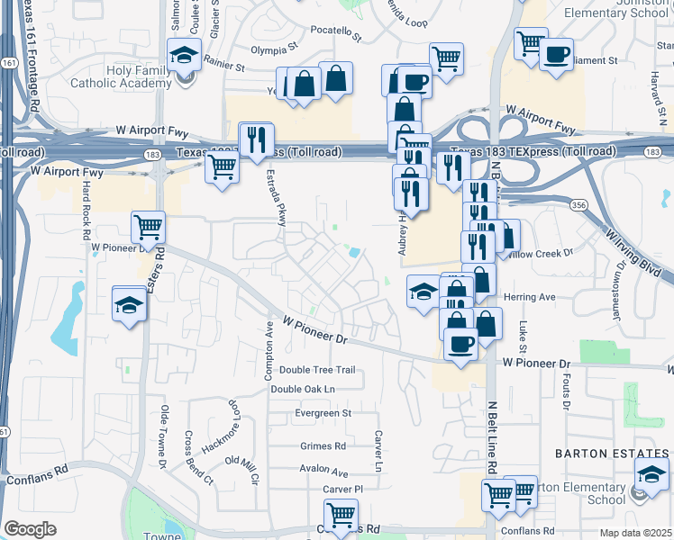 map of restaurants, bars, coffee shops, grocery stores, and more near 1900 Estrada Parkway in Irving