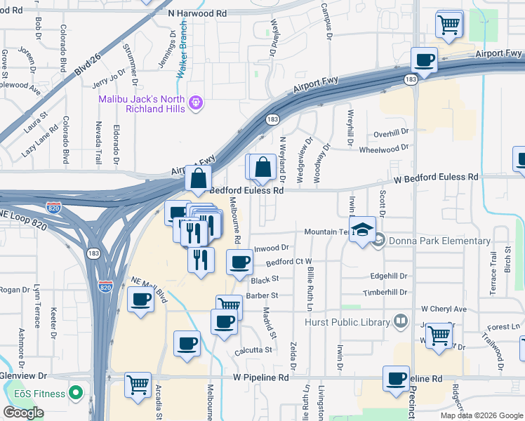 map of restaurants, bars, coffee shops, grocery stores, and more near 1225 Wooded Trail in Hurst
