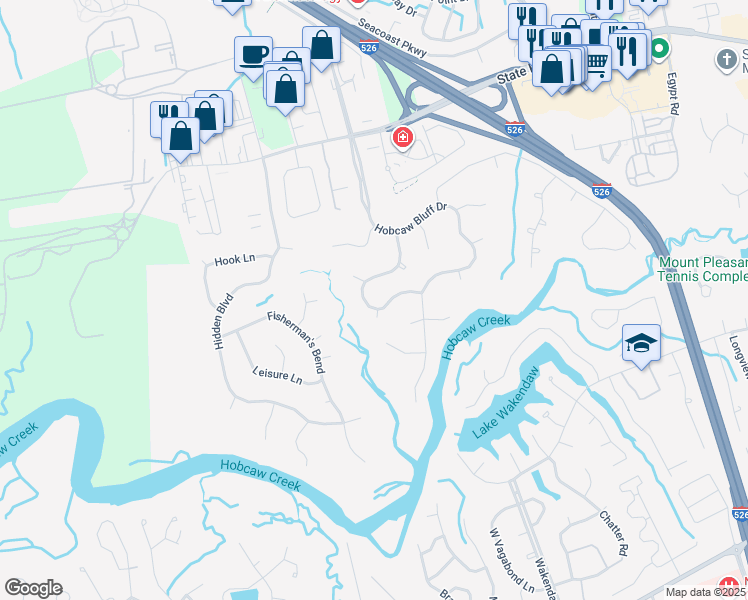 map of restaurants, bars, coffee shops, grocery stores, and more near 646 Palisades Drive in Mount Pleasant