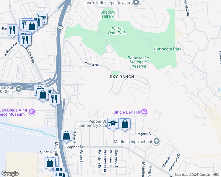 map of restaurants, bars, coffee shops, grocery stores, and more near 5120 Sevilla Street in Santee