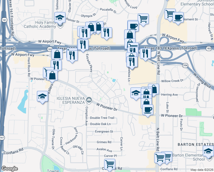 map of restaurants, bars, coffee shops, grocery stores, and more near 1904 Estrada Parkway in Irving