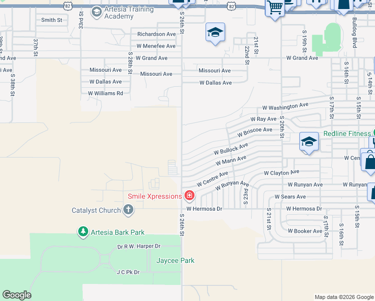 map of restaurants, bars, coffee shops, grocery stores, and more near 908 South 26th Street in Artesia