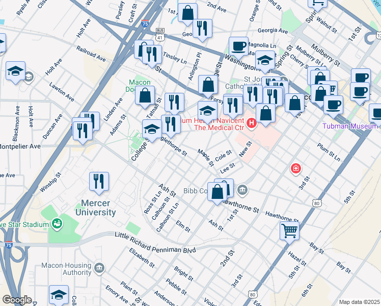 map of restaurants, bars, coffee shops, grocery stores, and more near 1007 Oglethorpe Street in Macon