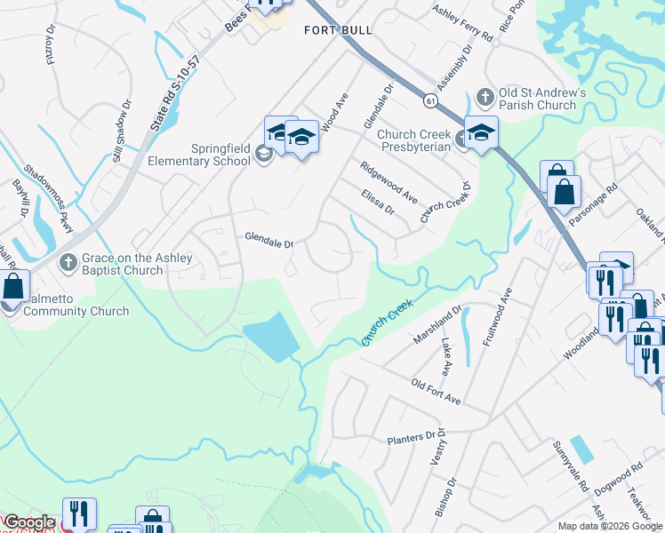 map of restaurants, bars, coffee shops, grocery stores, and more near 2597 Morning Dove Ln in Charleston