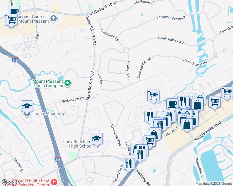 map of restaurants, bars, coffee shops, grocery stores, and more near 926 Law Lane in Mount Pleasant
