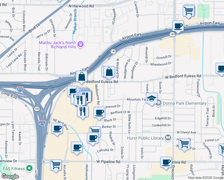 map of restaurants, bars, coffee shops, grocery stores, and more near 1225 Wooded Trail in Hurst