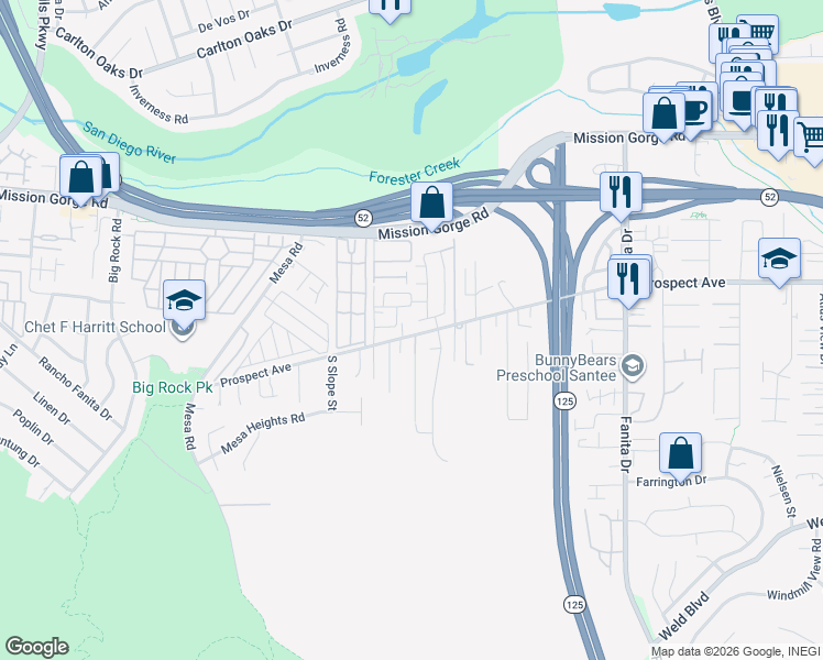 map of restaurants, bars, coffee shops, grocery stores, and more near 8628 Prospect Avenue in Santee