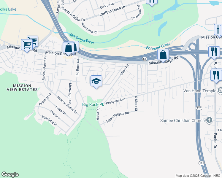 map of restaurants, bars, coffee shops, grocery stores, and more near 8595 Mesa Road in Santee
