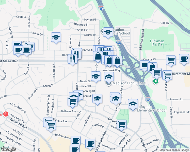 map of restaurants, bars, coffee shops, grocery stores, and more near 4808 Doliva Drive in San Diego