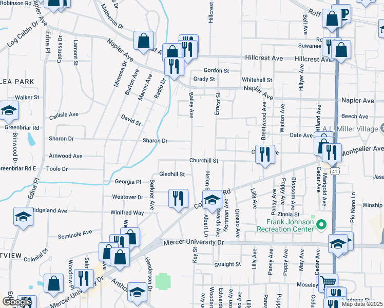 map of restaurants, bars, coffee shops, grocery stores, and more near 1394 Bailey Avenue in Macon