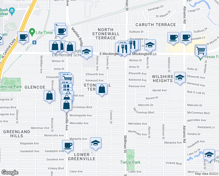 map of restaurants, bars, coffee shops, grocery stores, and more near 6017 Martel Avenue in Dallas