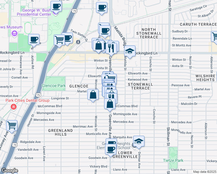 map of restaurants, bars, coffee shops, grocery stores, and more near 5625 Martel Avenue in Dallas