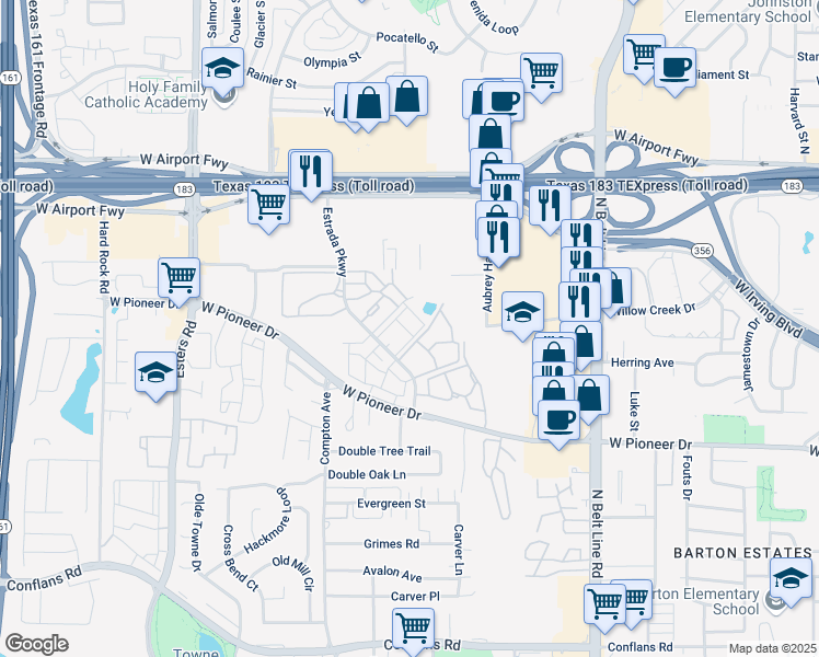 map of restaurants, bars, coffee shops, grocery stores, and more near 1838 Estrada Parkway in Irving